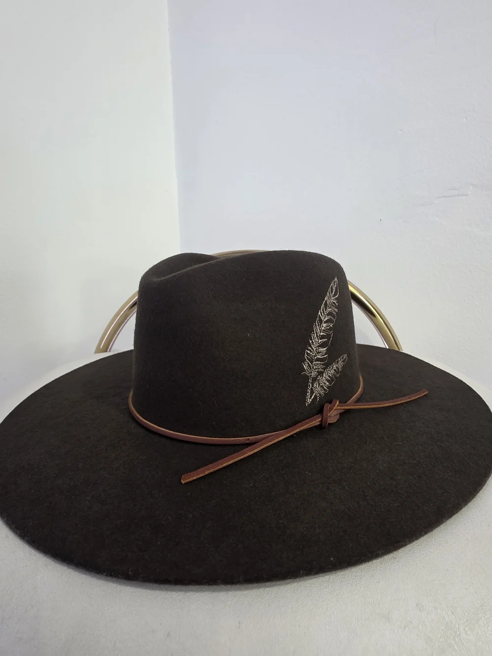 Rag & Bone Kacy Brown Wide Brim Wool Fedora with Feather Embroidery